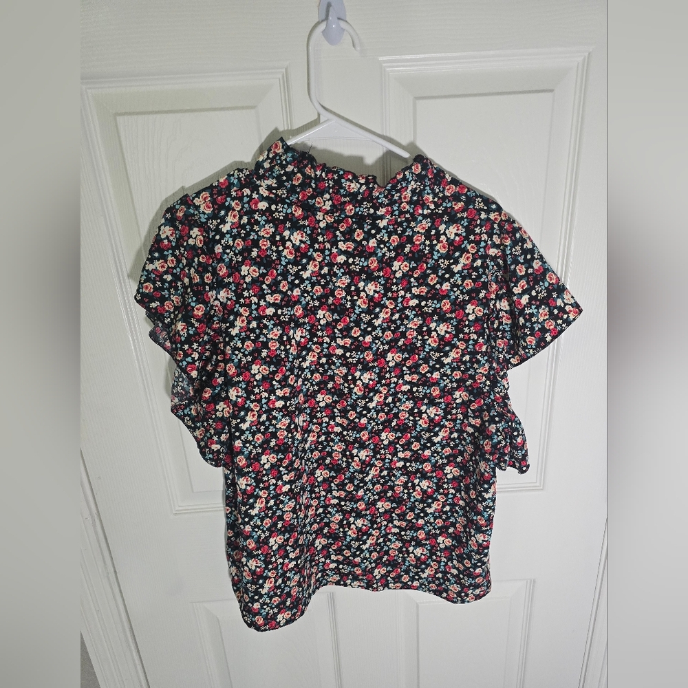 Womens Short Sleeve Floral Ruffle High Neck Casual Blouse Large - Picture 2 of 9